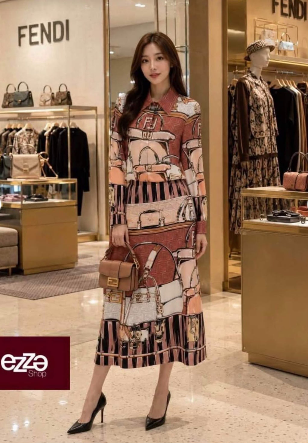 Fendi FF Logo and Belt Print Shirt and Skirt Set