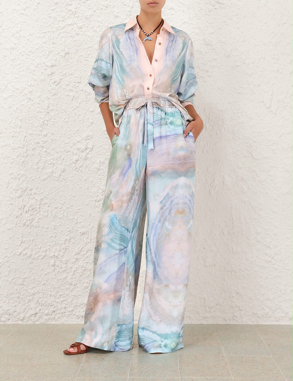 Zimmermann Printed Silk Long-Sleeve Shirt and Wide-Leg Pants Set