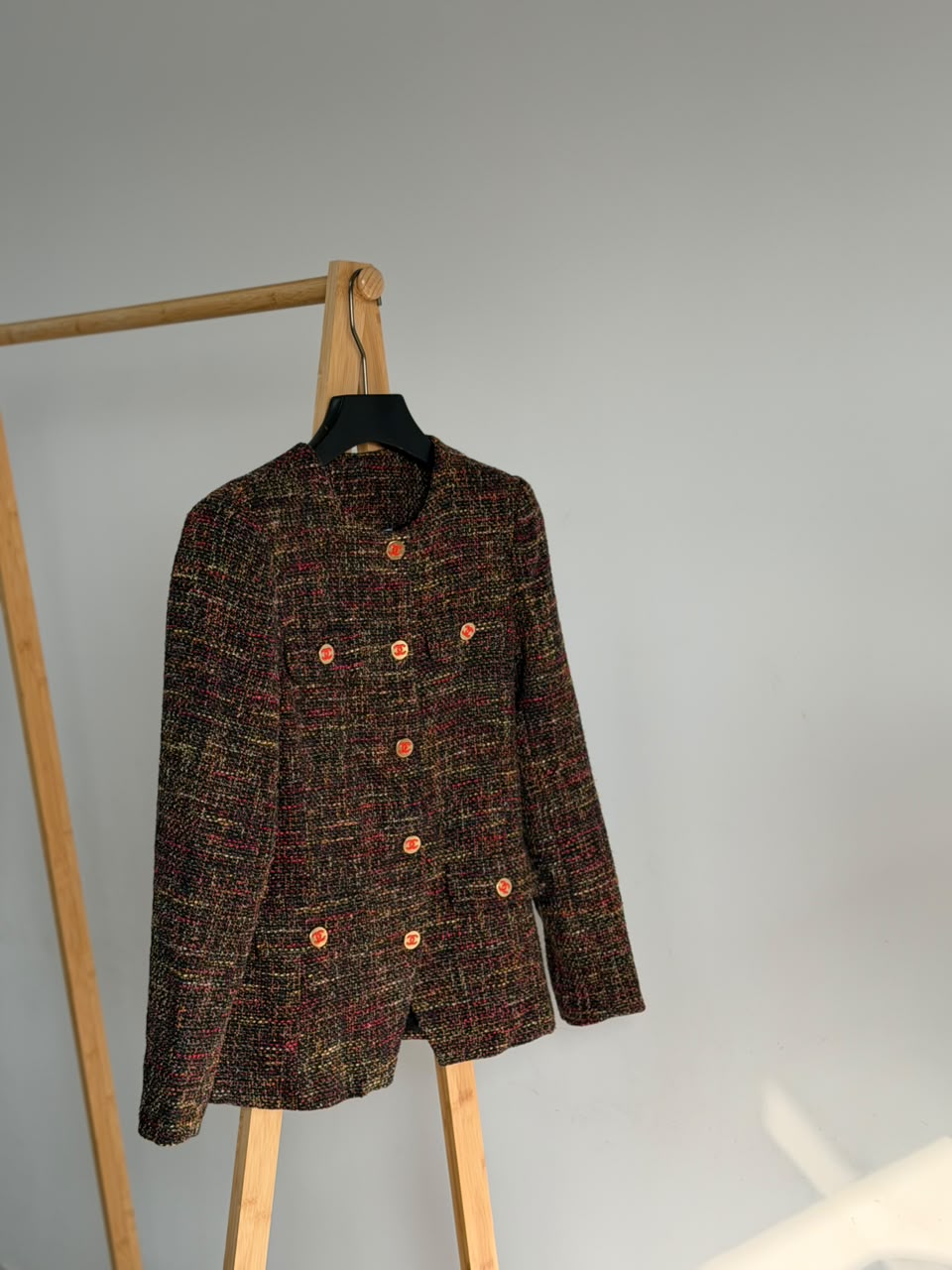 CHANEL Dark Multicolor Tweed Collarless Button-Up Jacket