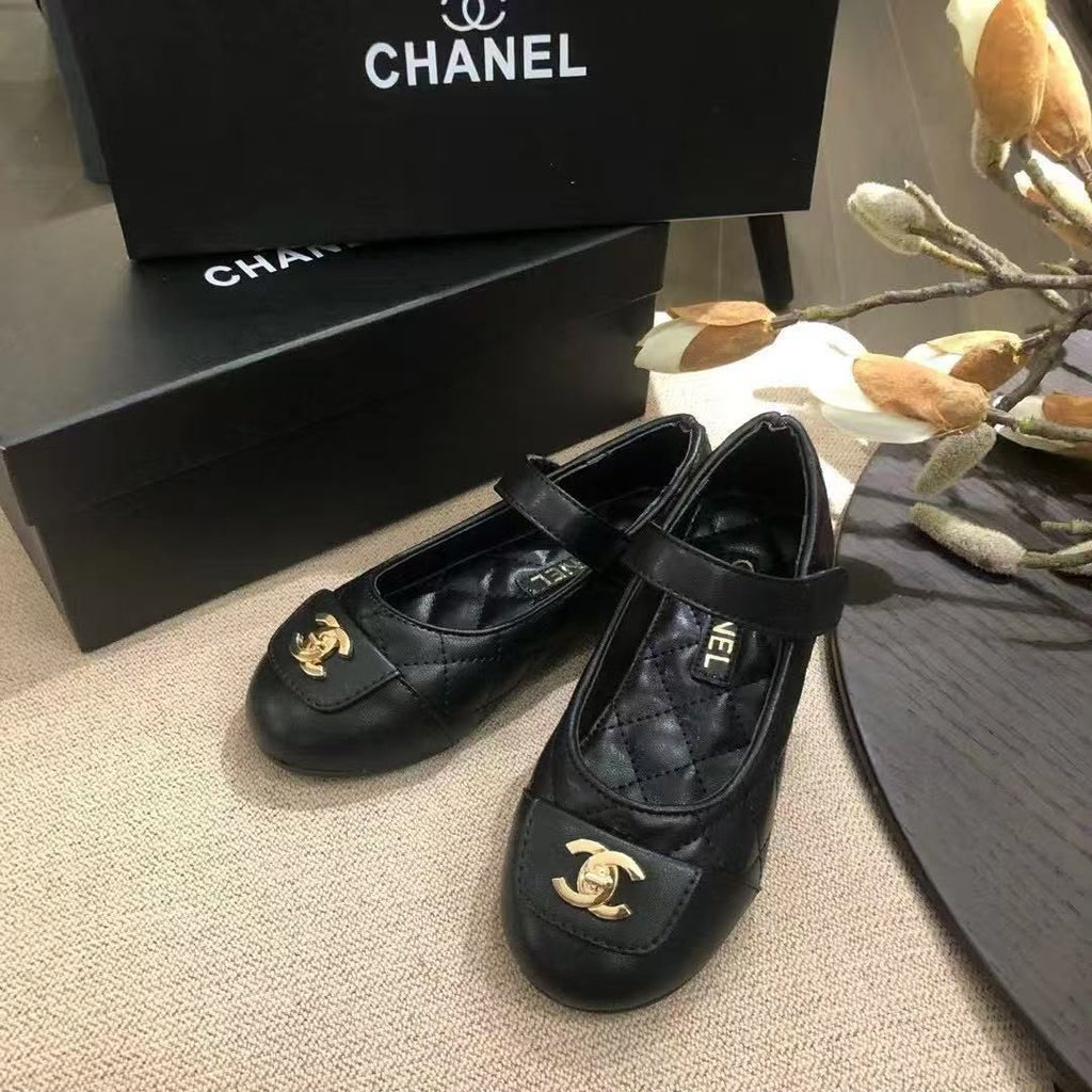 Chanel Kids Black Quilted Strap Ballerinas