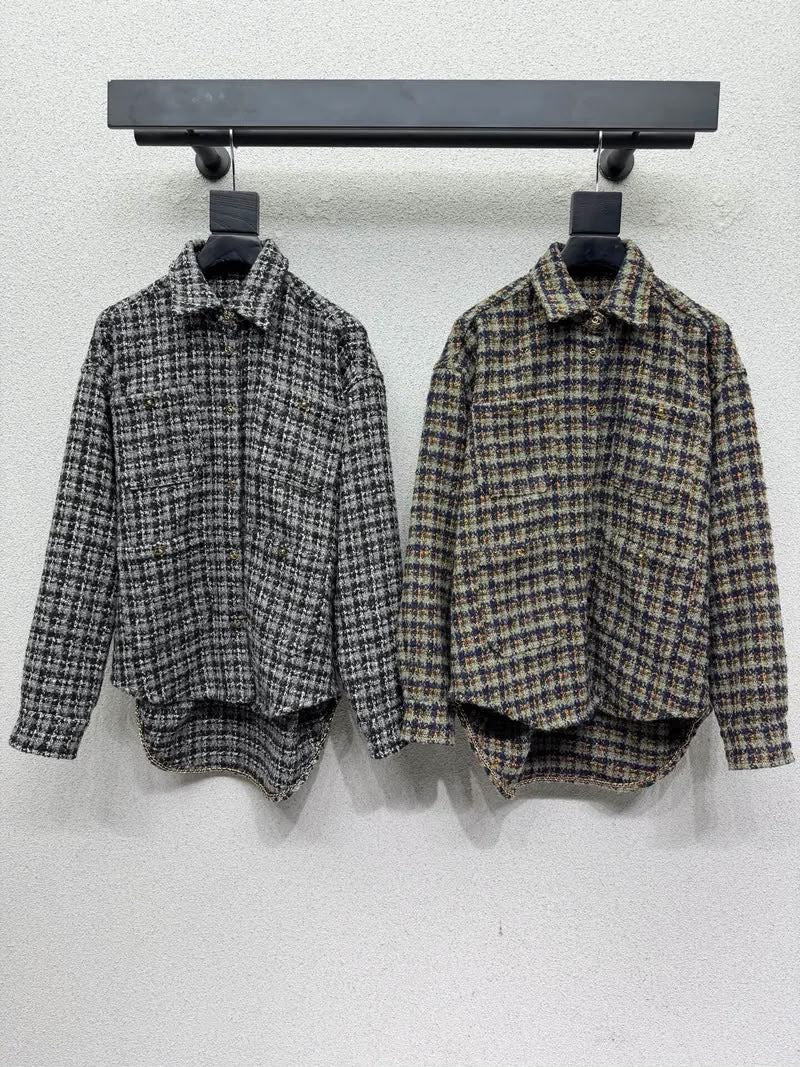 Chanel Black and Grey Plaid Tweed Oversized Shirt Jacket