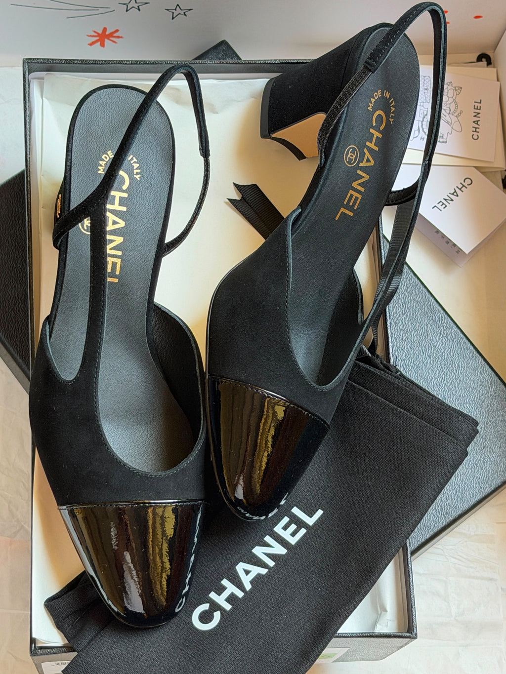 Chanel Black Tweed & Patent Cap-Toe Slingback Block Heel Pumps