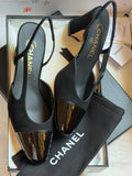 Chanel Black Tweed & Patent Cap-Toe Slingback Block Heel Pumps