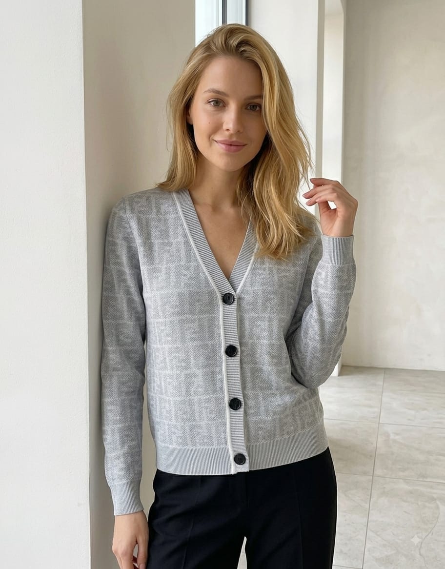 Fendi FF Logo V-Neck Knit Cardigan