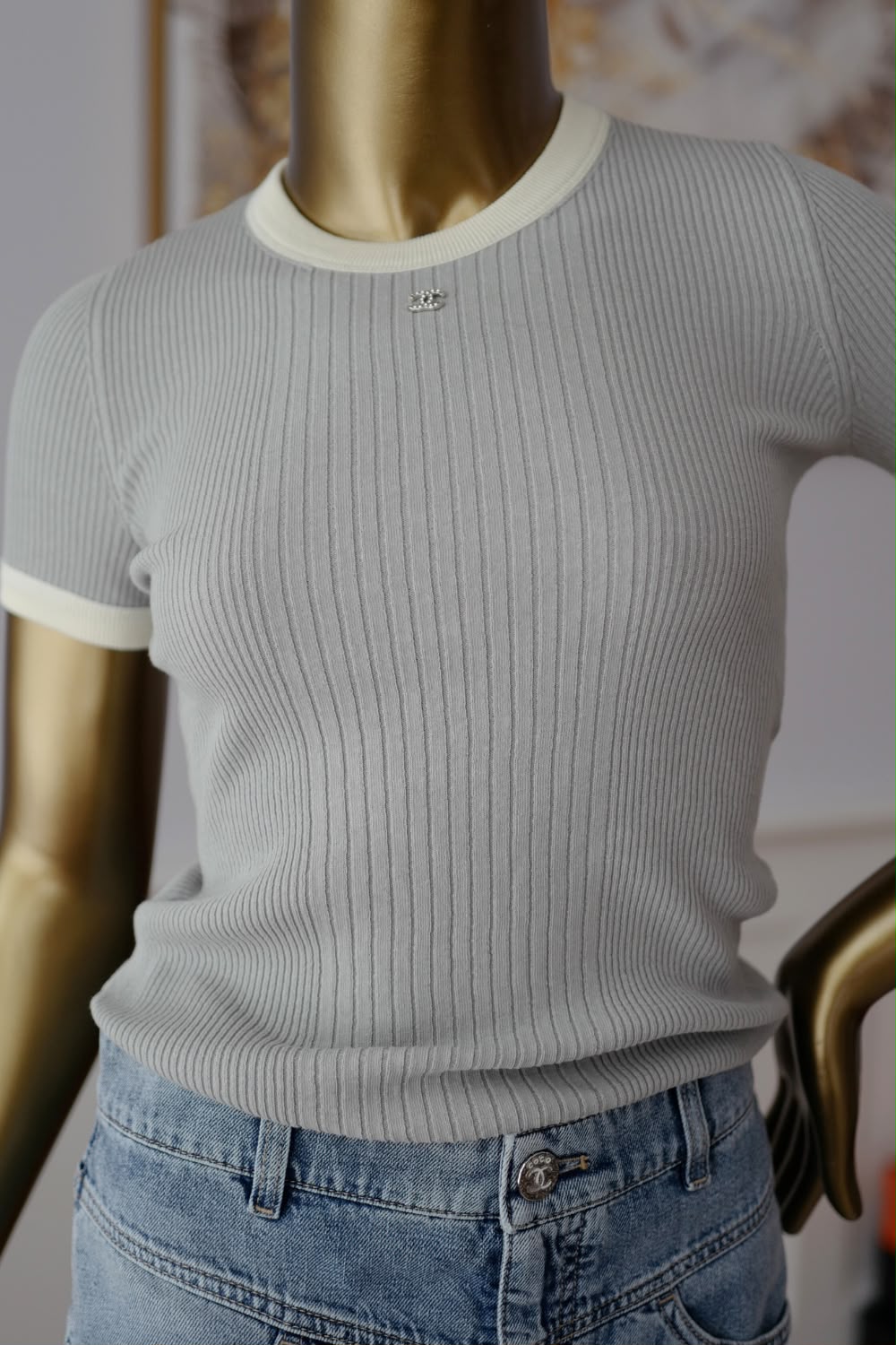 Chanel Short-Sleeve Ribbed Knit Top with Contrast Trim and CC Logo