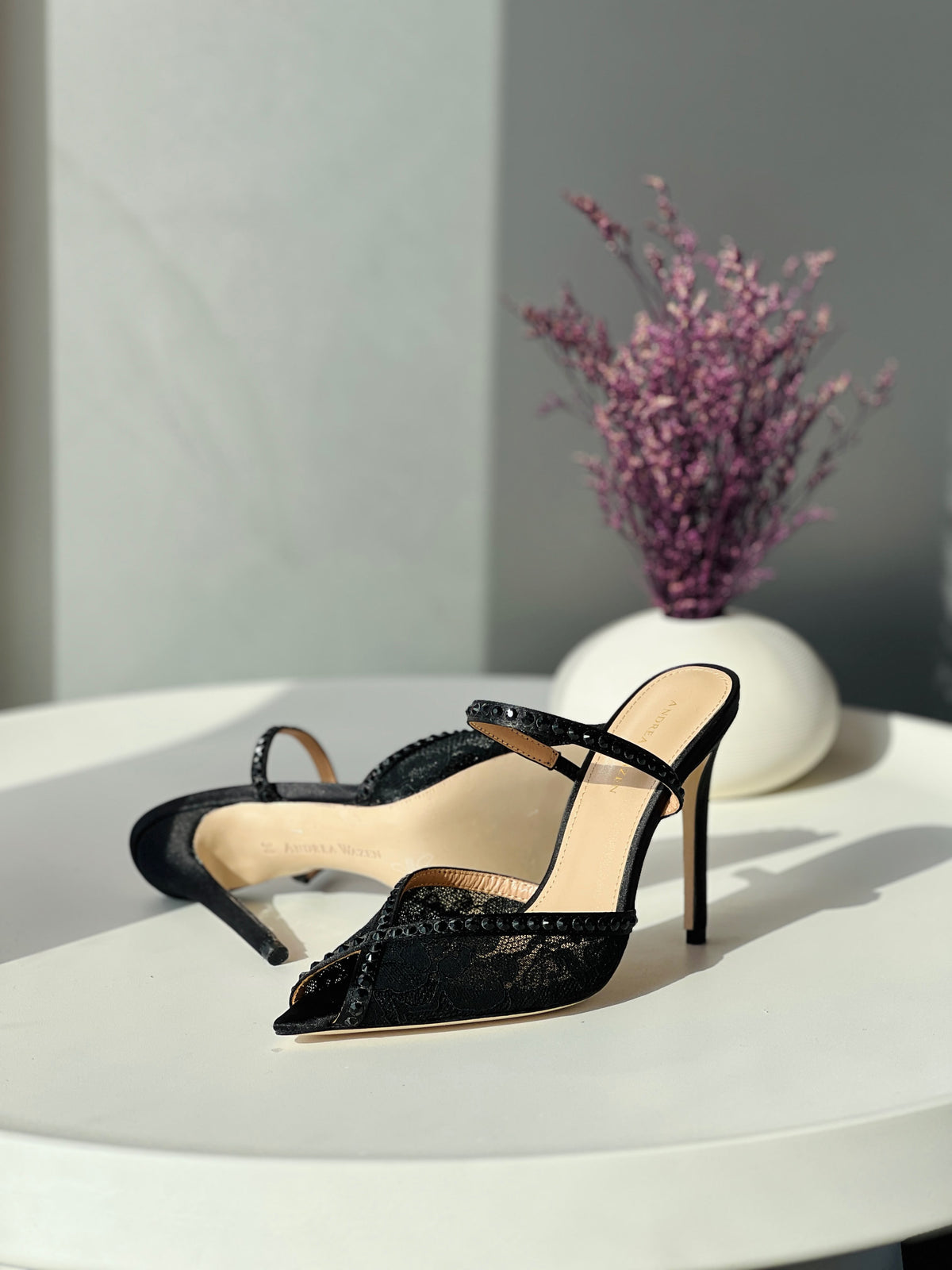 Andrea Wazen Black Lace Embellished Mules