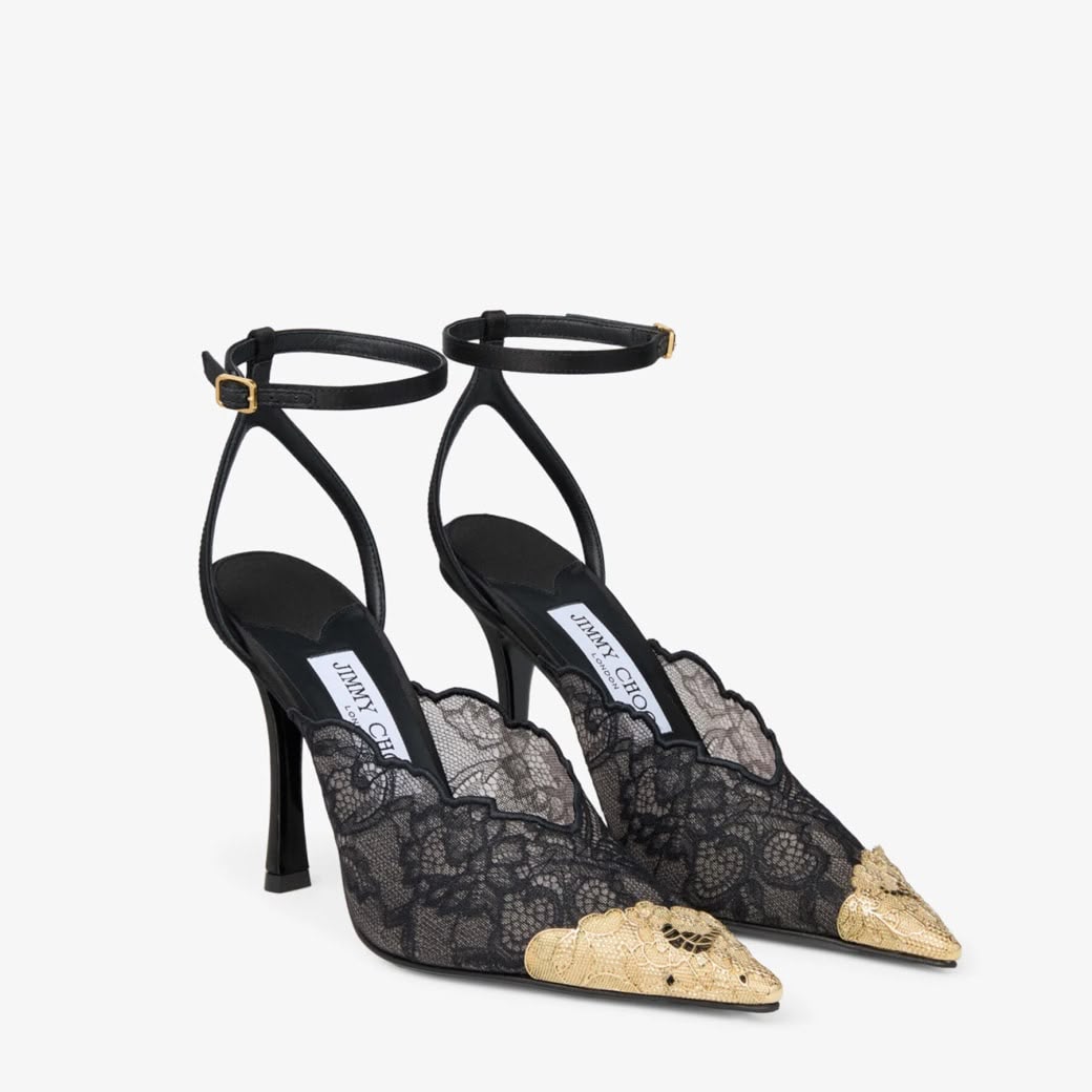Jimmy Choo Faiz 100 Pink Lace & Metal Toe Cap Pumps
