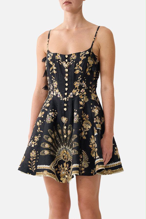 Camilla Crystal-Embellished Printed Silk Strappy Corset Flared Mini Dress