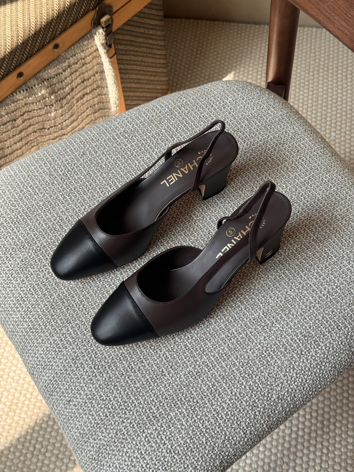 Chanel Two-Tone Leather Slingback Pumps with Contrast Cap-Toe