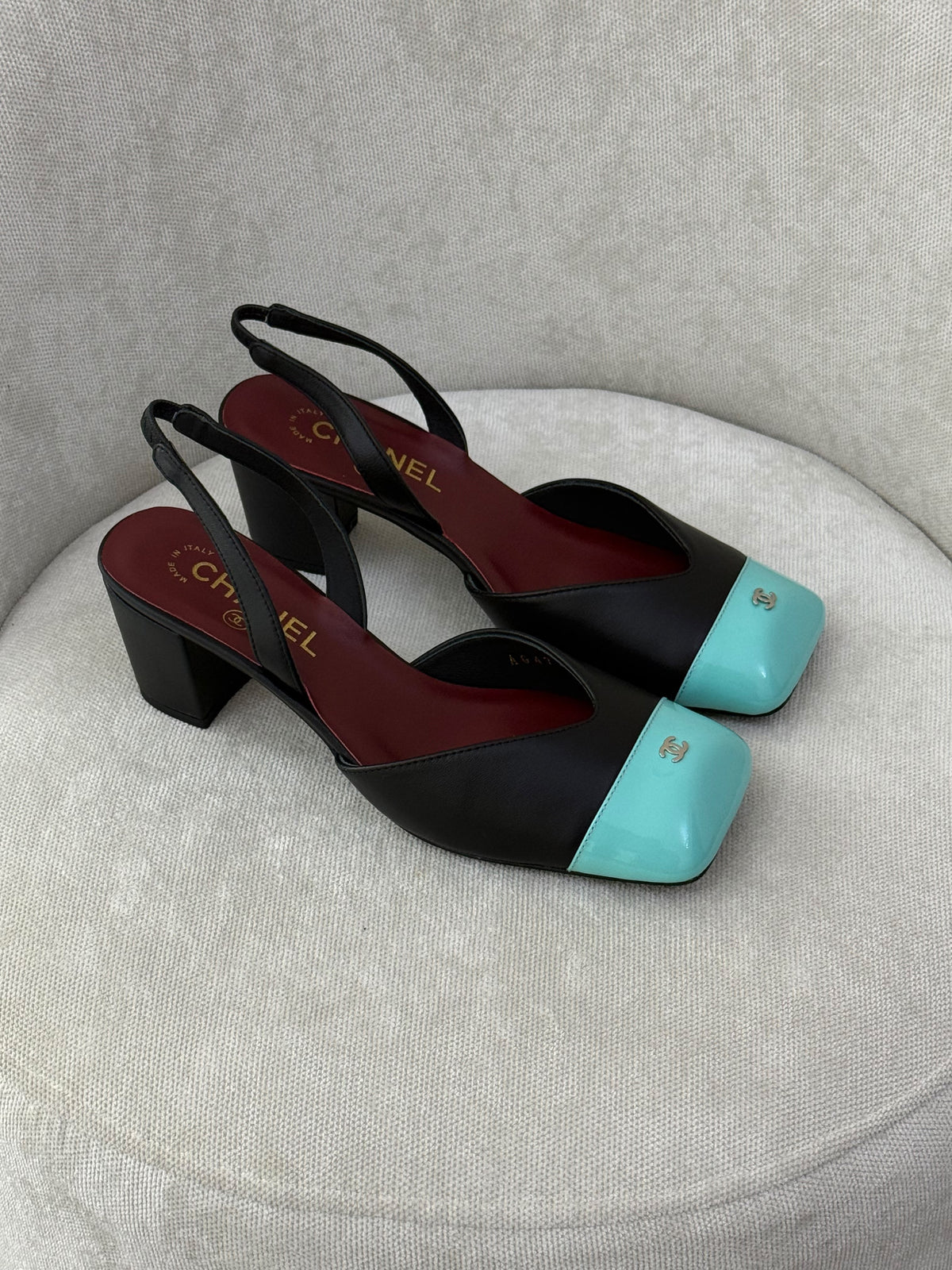 Chanel Patent Cap-Toe Slingback Pumps