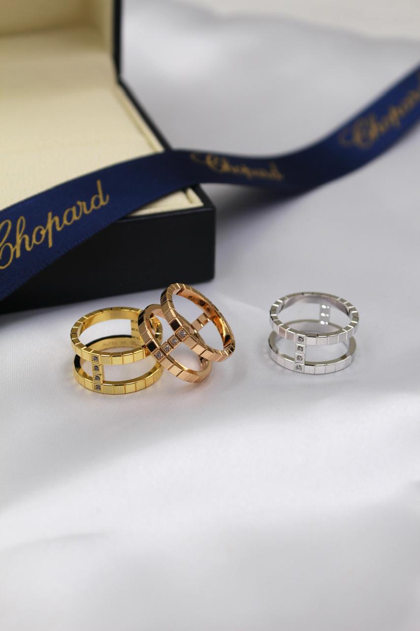 Chopard Ice Cube-Inspired Double-Band Rings — Geometric Square-Pattern Design with Sparkling Stone Accents, Available in Yellow Gold-Tone, Rose Gold-Tone & Silver-Tone Finishes.