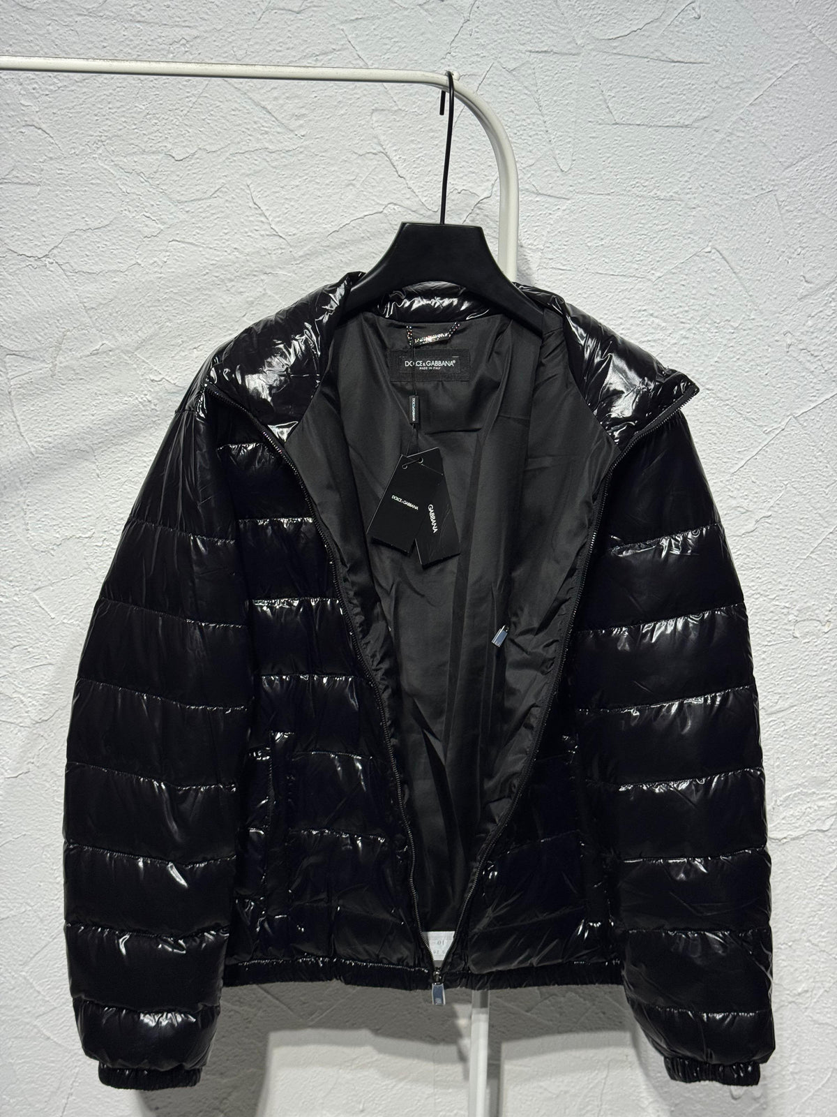 Dolce & Gabbana Black Glossy Stand Collar Puffer Jacket