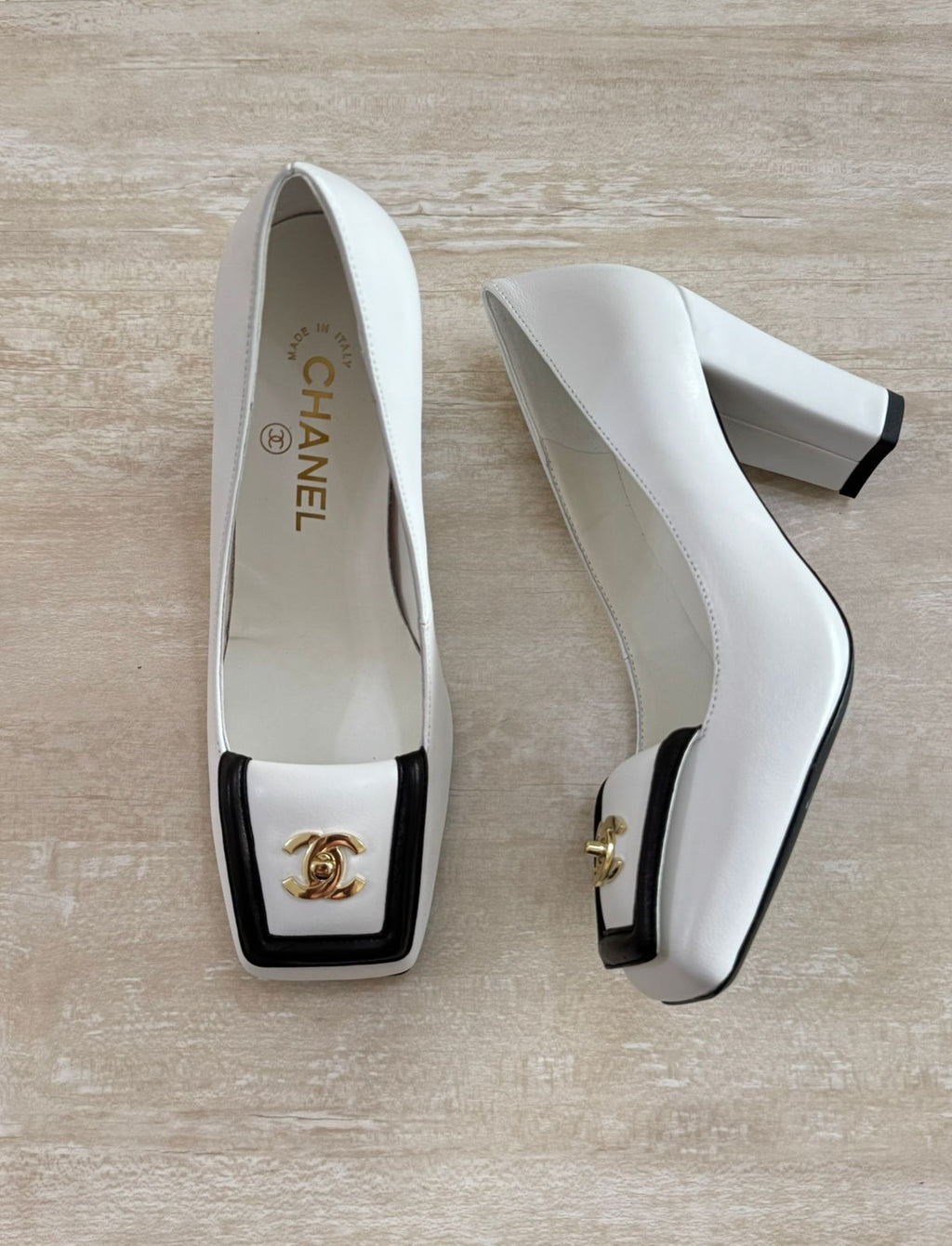 Chanel Square-Toe Turnlock CC Pumps