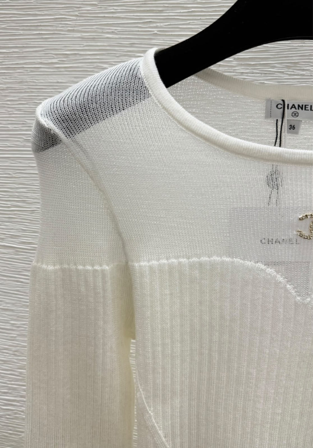 Chanel Sheer Mesh Paneled Long-Sleeve Knit Top with CC Hardware
