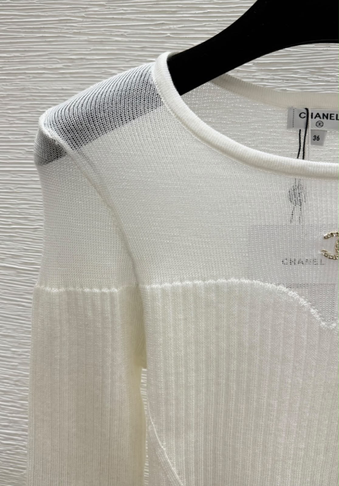 Chanel Sheer Mesh Paneled Long-Sleeve Knit Top with CC Hardware
