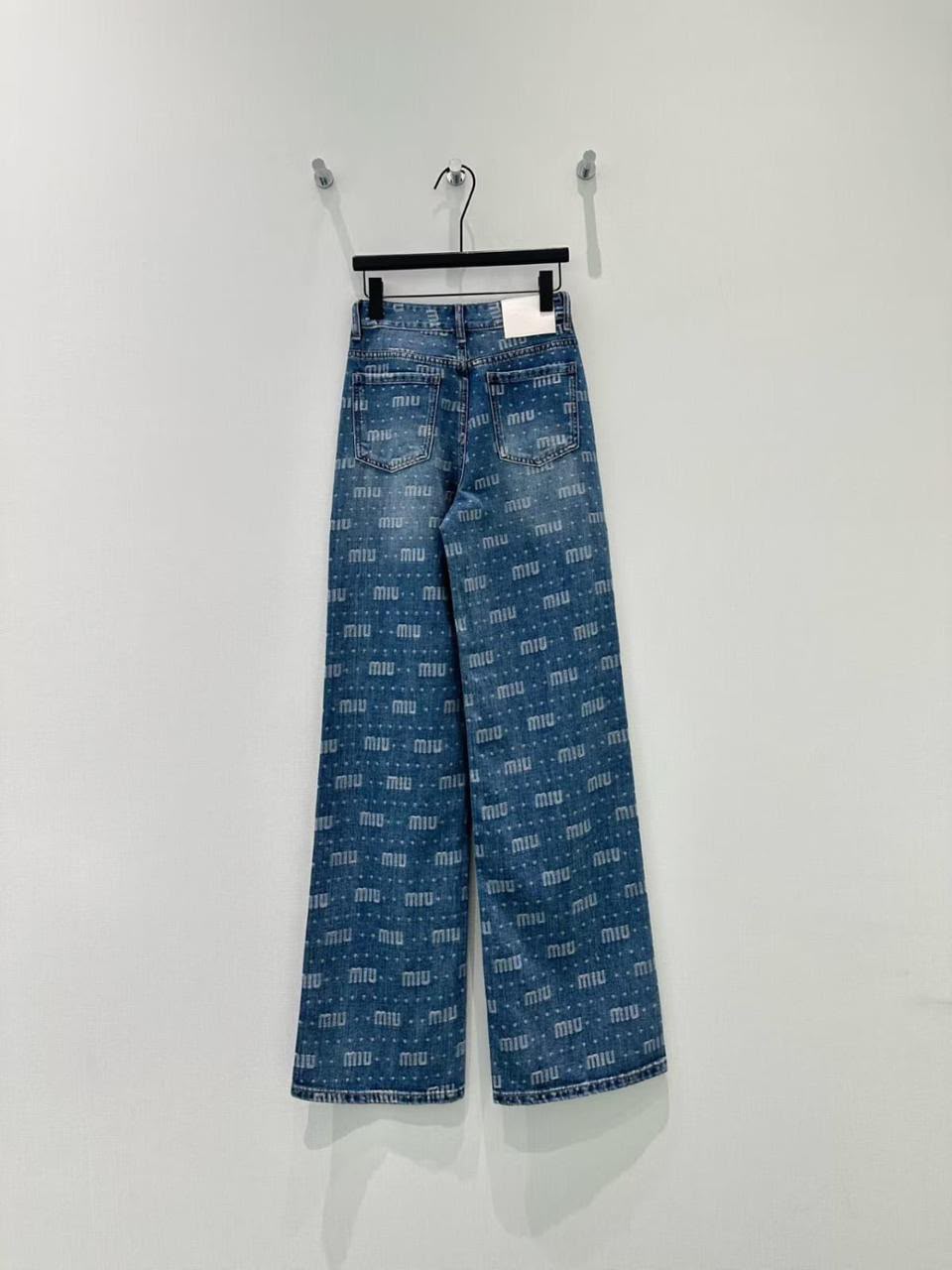 Miu Miu All-Over Logo Print Crystal-Embellished Denim Jeans