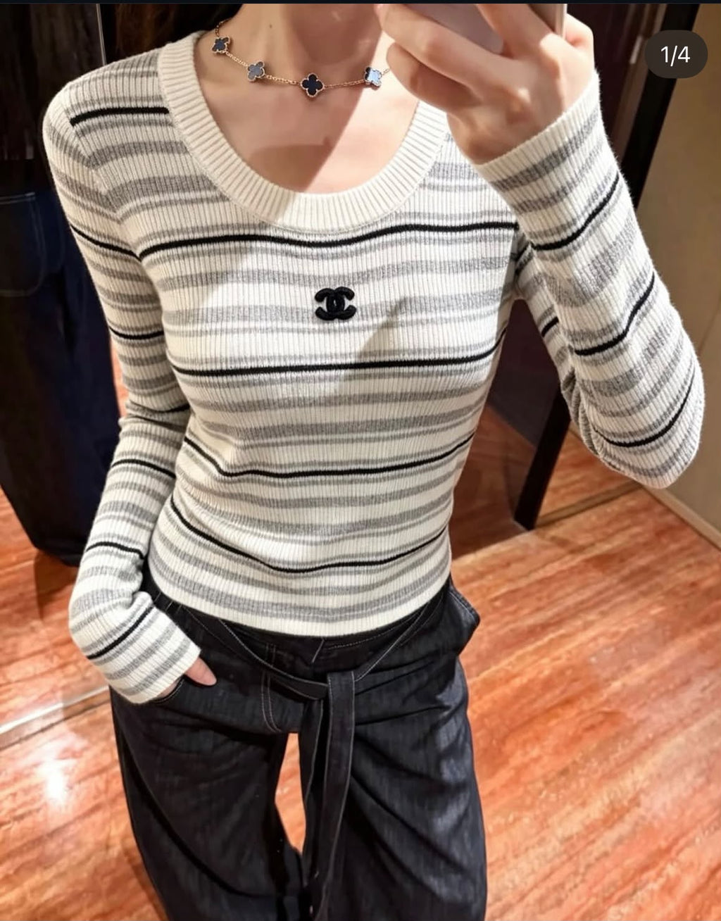 Chanel Striped Ribbed Knit Long-Sleeve Pullover Top with CC Logo