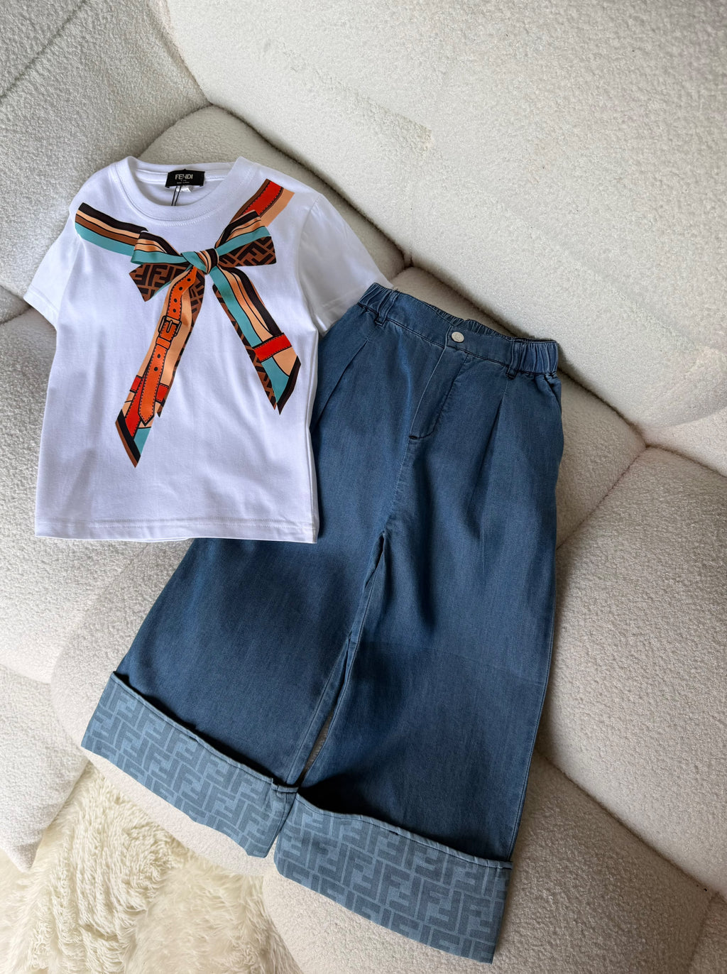 Fendi Kids Bow Tee and Denim Pants Set