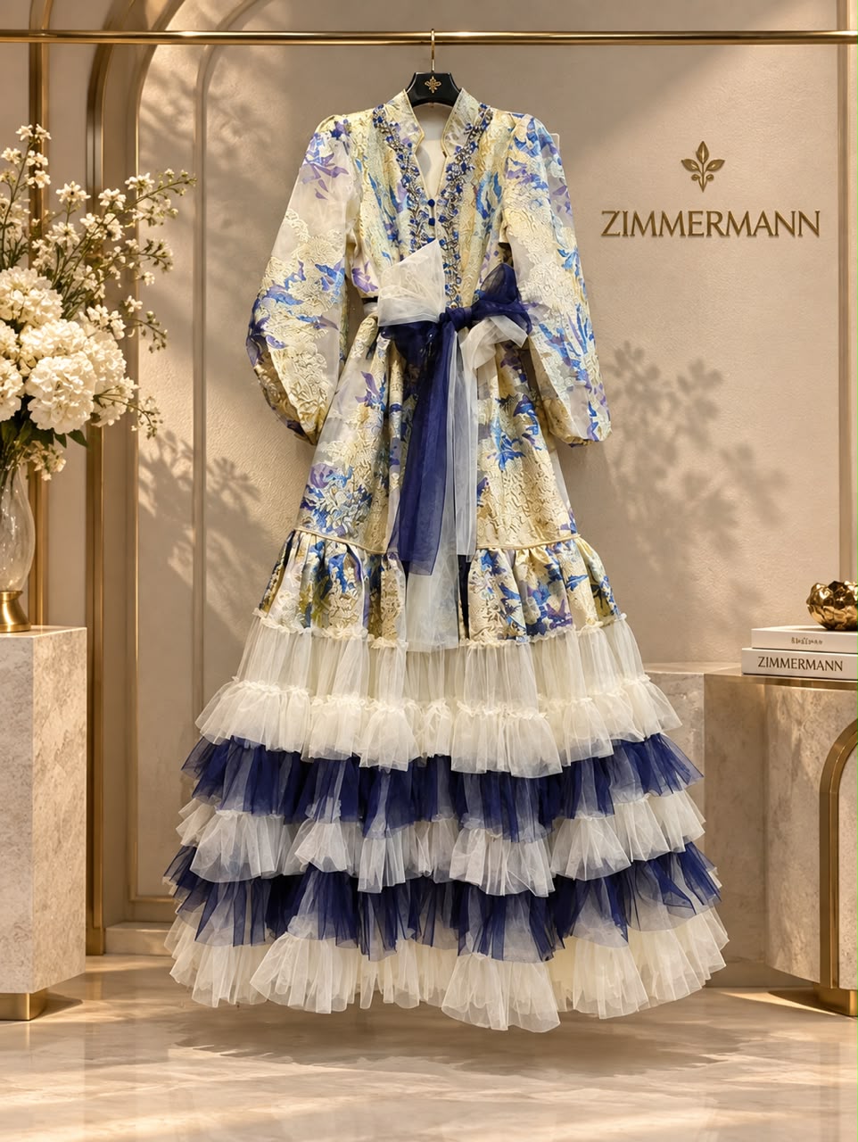 Zimmermann Printed Silk & Tiered Tulle Midi Dress with Belt
