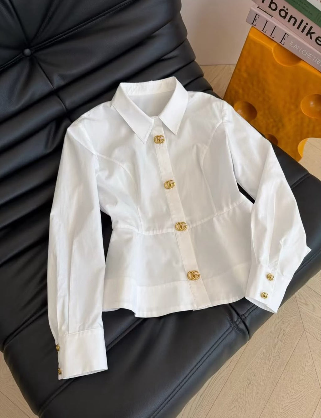 Gucci White Cotton Peplum Shirt with Gold GG Logo Buttons