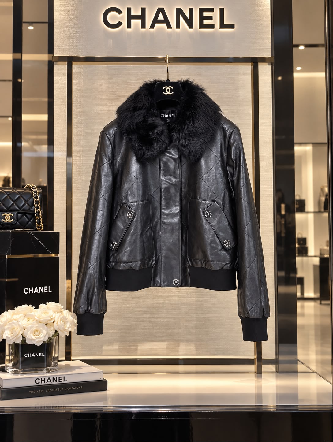 Chanel Quilted Leather Bomber Jacket with Fur Collar