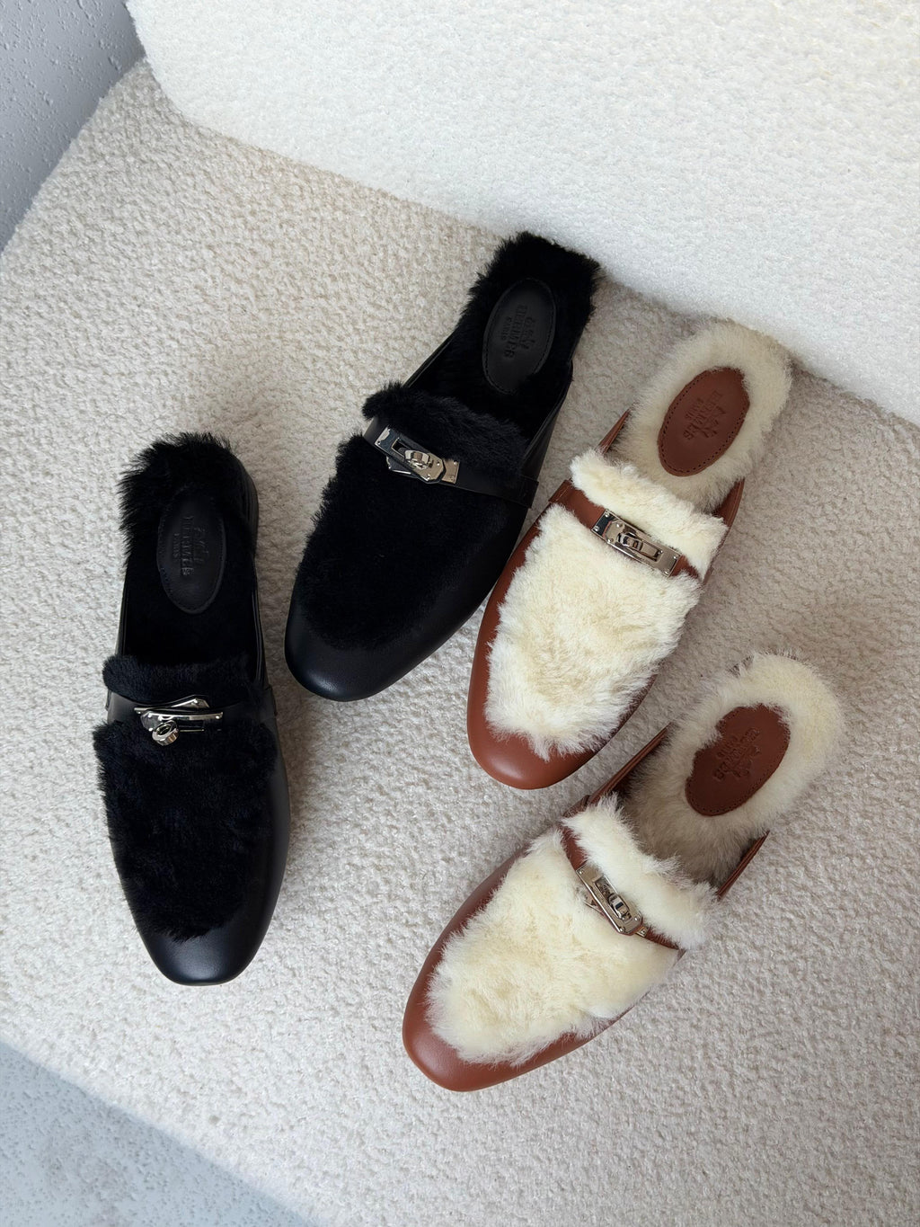 HERMES Fleece-Trim Mule Flats