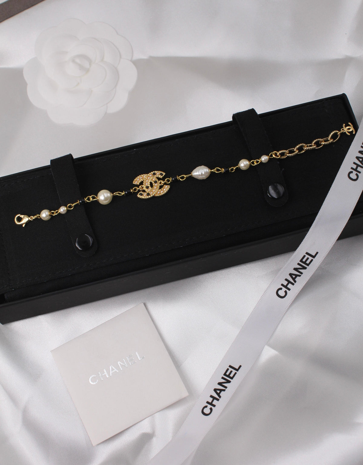 Chanel-Inspired Gold CC Pearl Bracelet