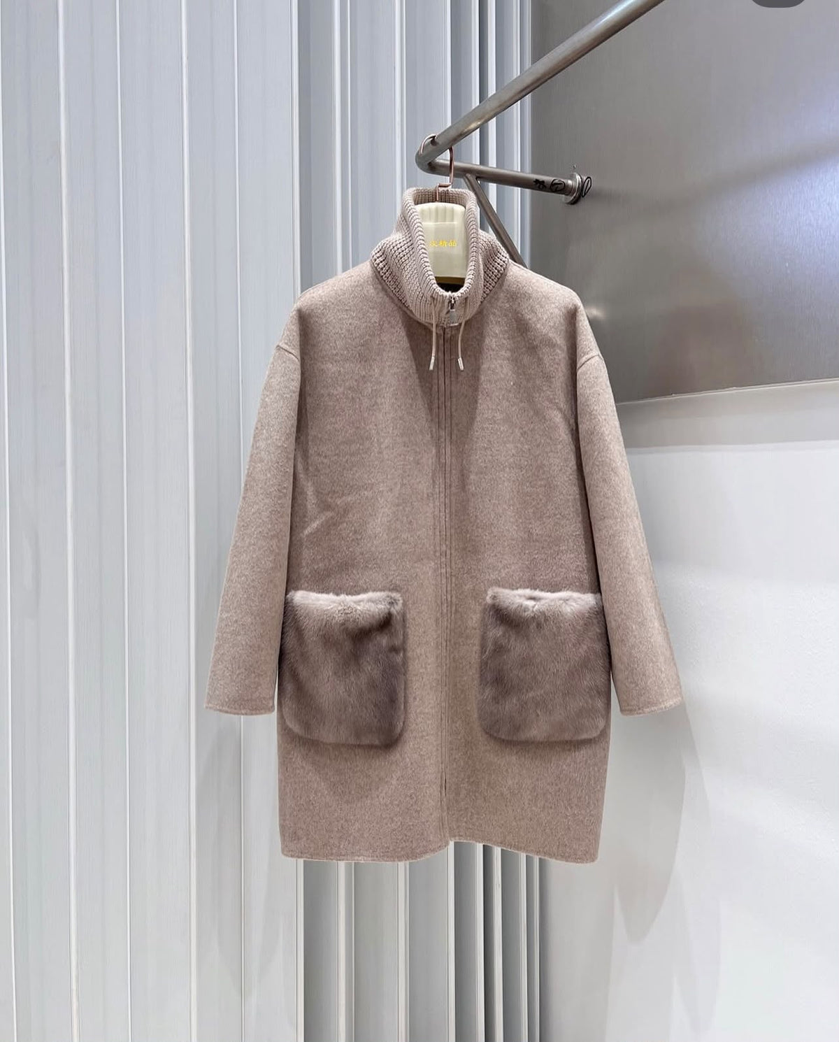Loro Piana Cashmere Zip-Front Coat with Knit Collar and Fur Patch Pockets