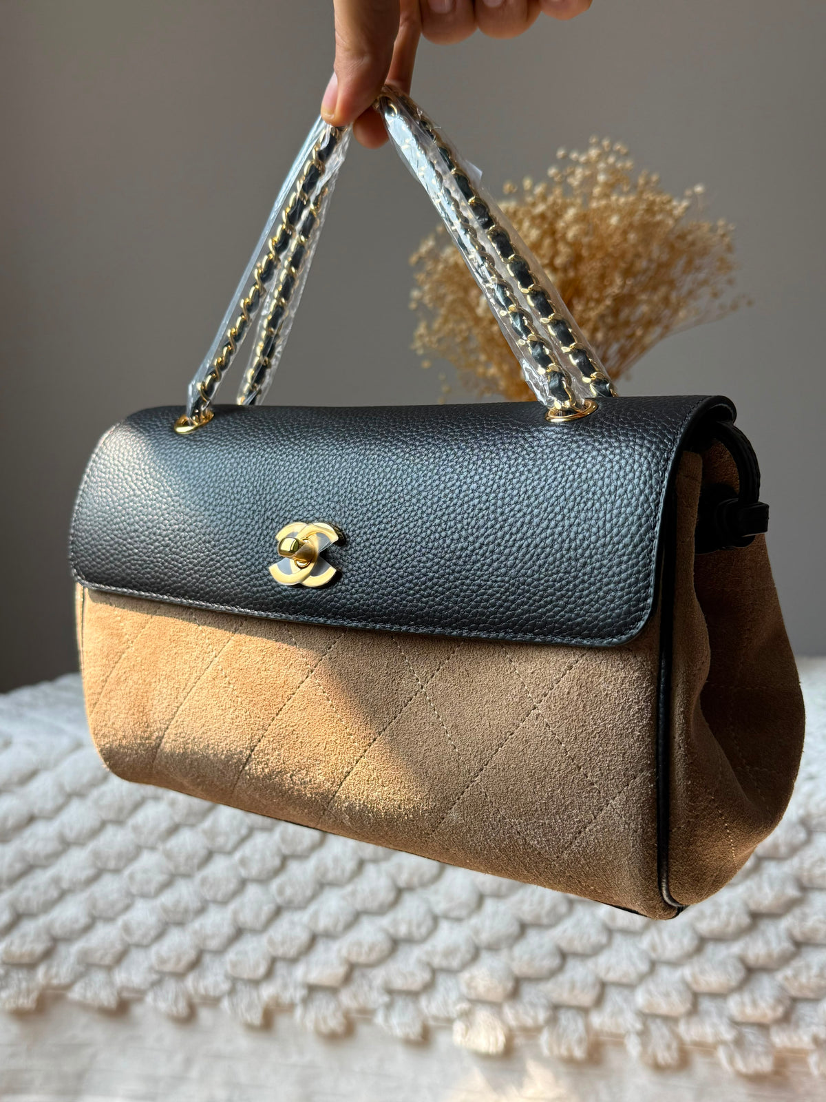 Chanel Quilted Suede & Grained Leather Flap Bag with Chain