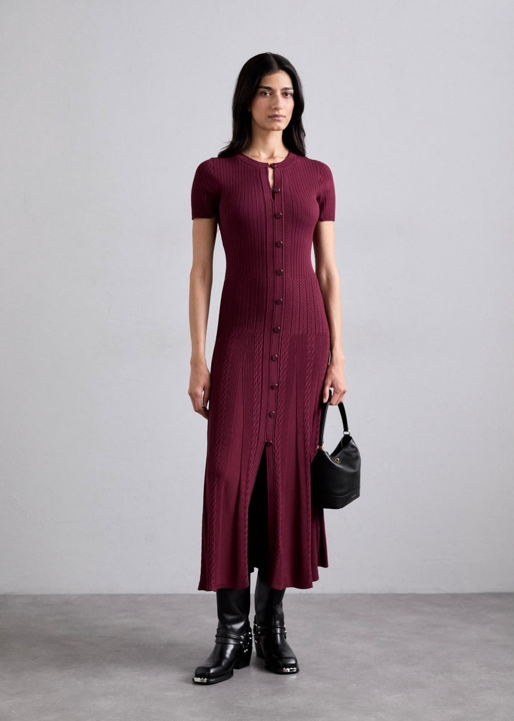 Sandro Short-Sleeve Ribbed Knit Button-Front Midi Dress