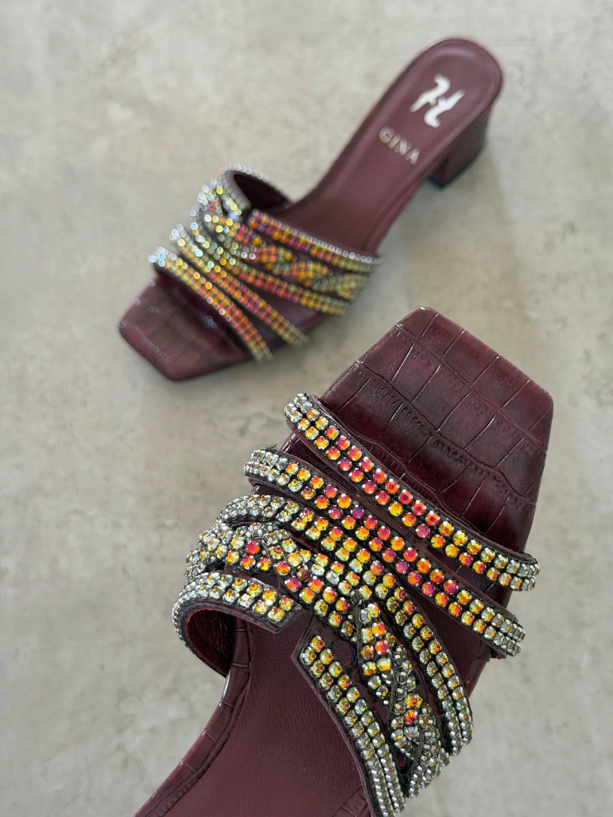 Gina Burgundy Leather Twyla Heeled Mules 50