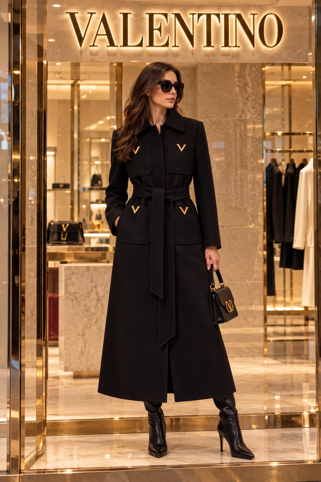 Valentino Long Wool Coat with Belt and Gold V Hardware Details