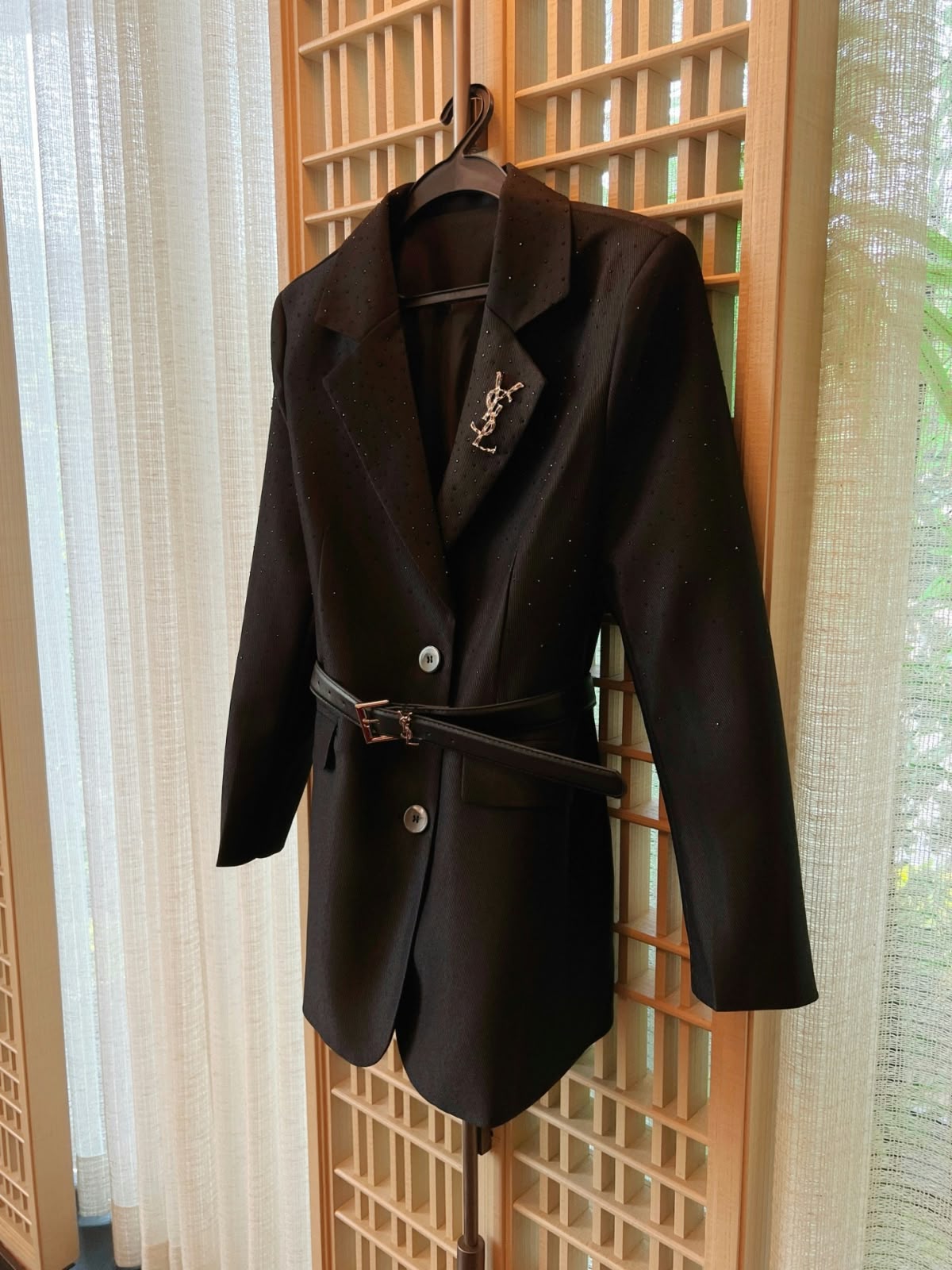 Saint Laurent Tailored Belted Blazer Jacket with YSL Brooch