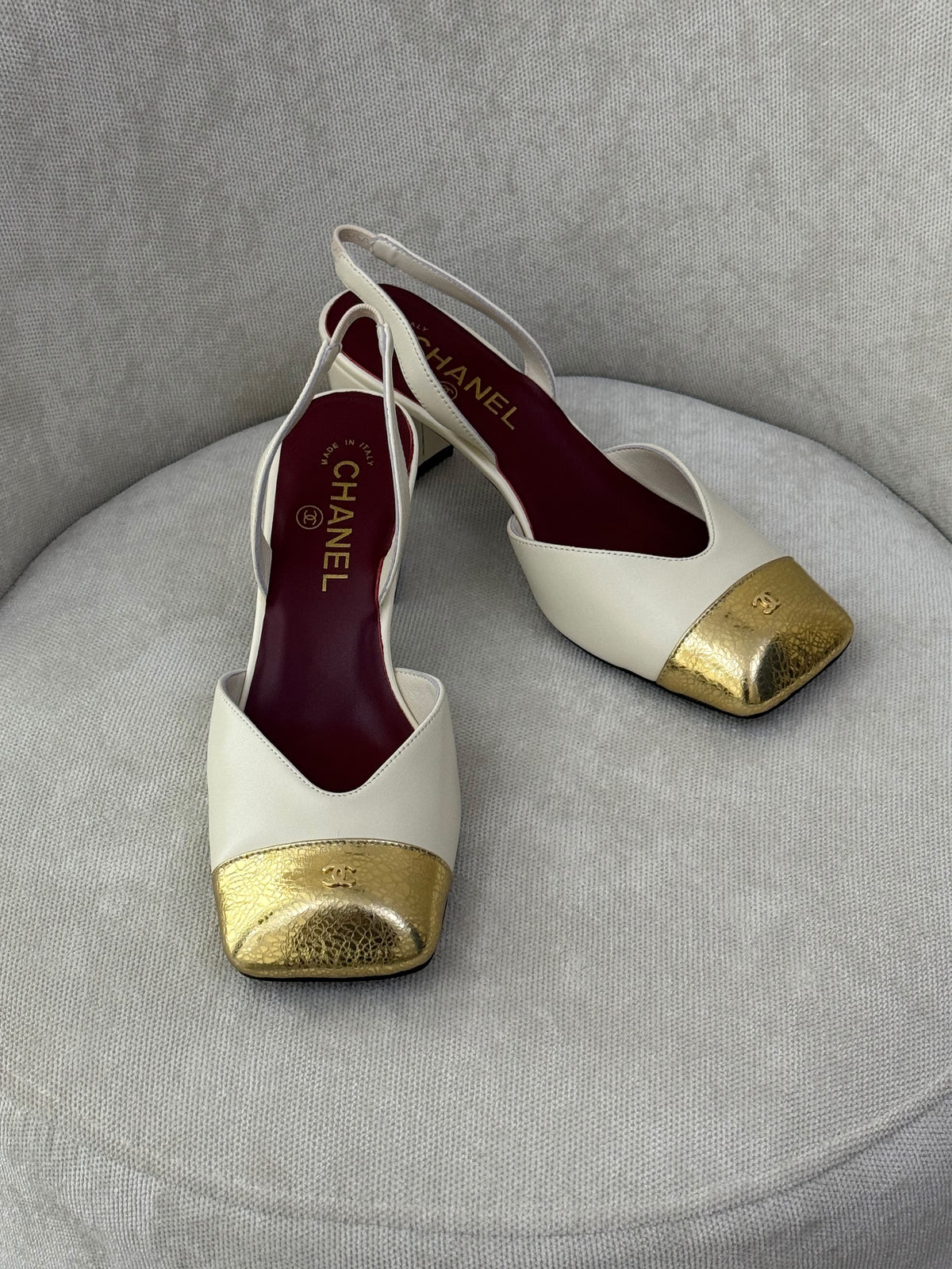 Chanel Patent Cap-Toe Slingback Pumps