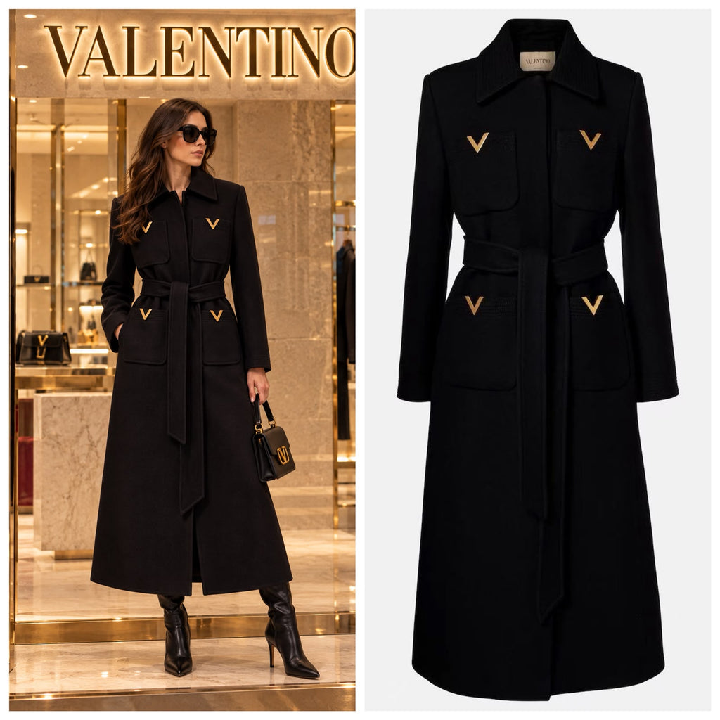 Valentino Long Wool Coat with Belt and Gold V Hardware Details