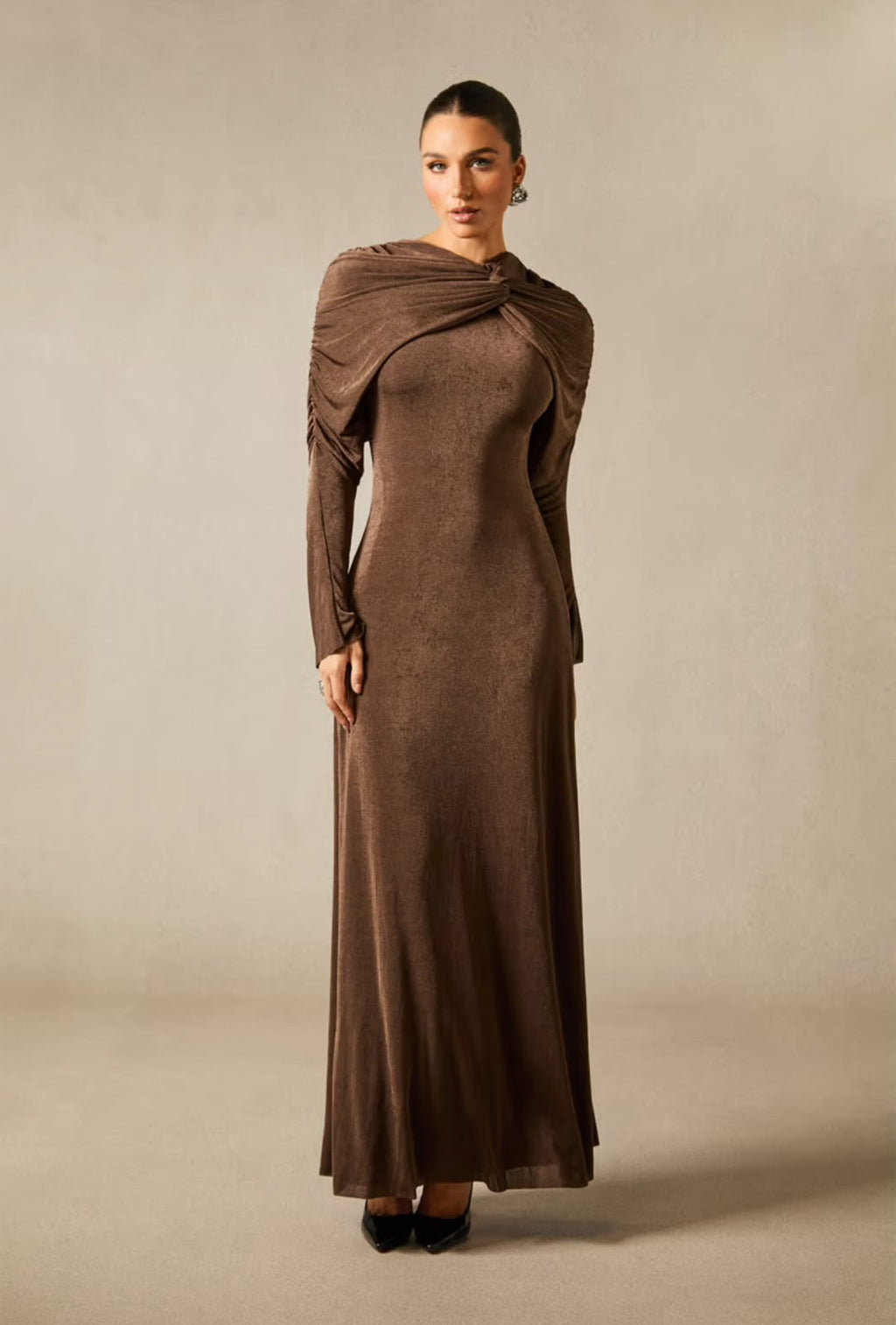 Sandro Long-Sleeve Draped-Neck Knit Maxi Dress (Brown)