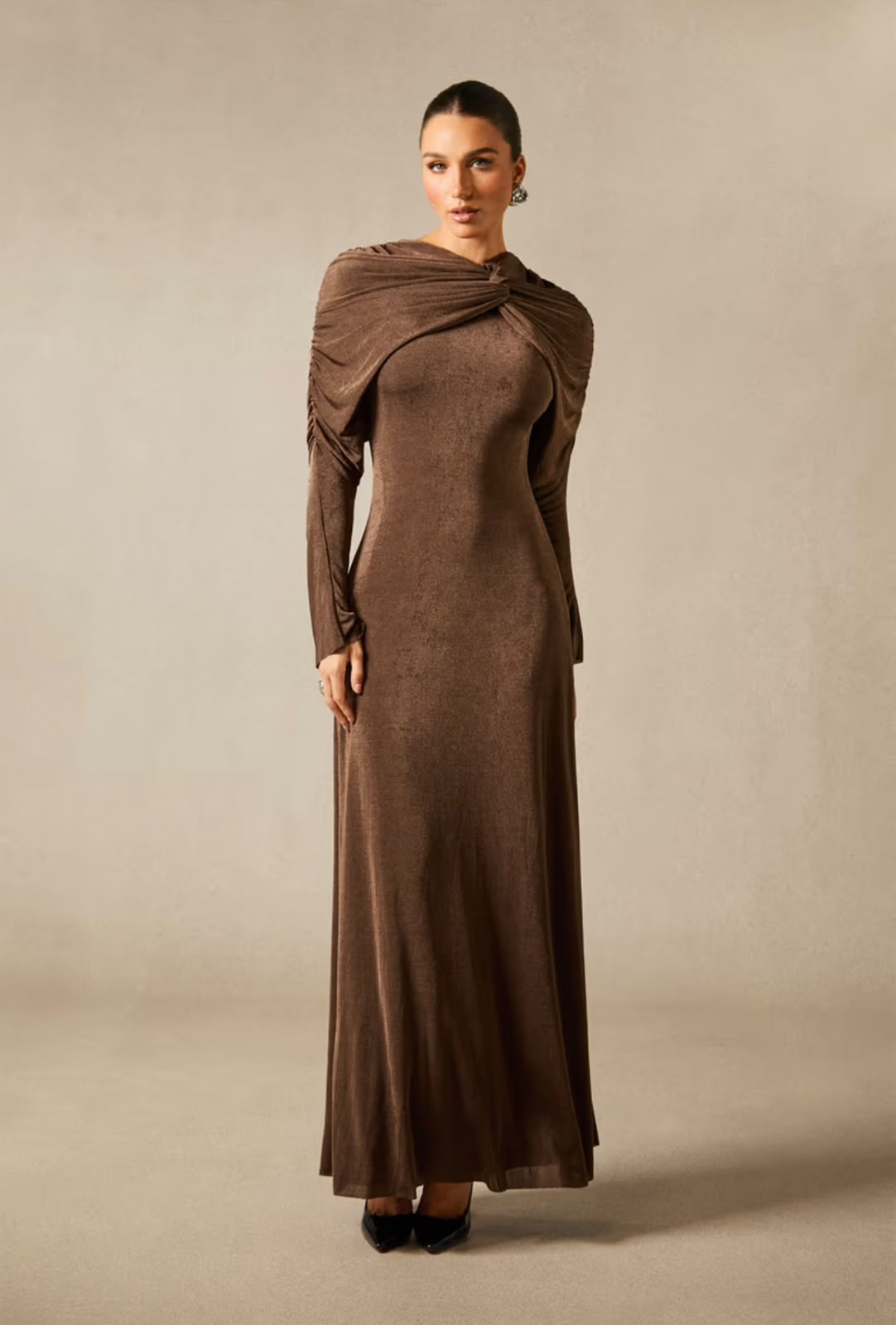 Sandro Long-Sleeve Draped-Neck Knit Maxi Dress (Brown)