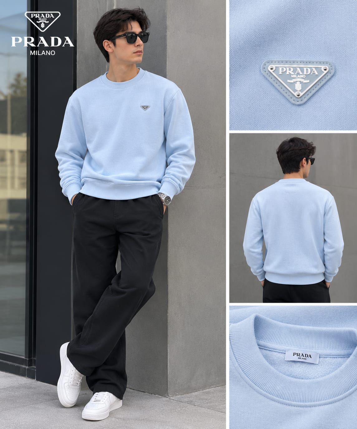 Prada Men Triangle Logo Crew Neck Sweatshirt
