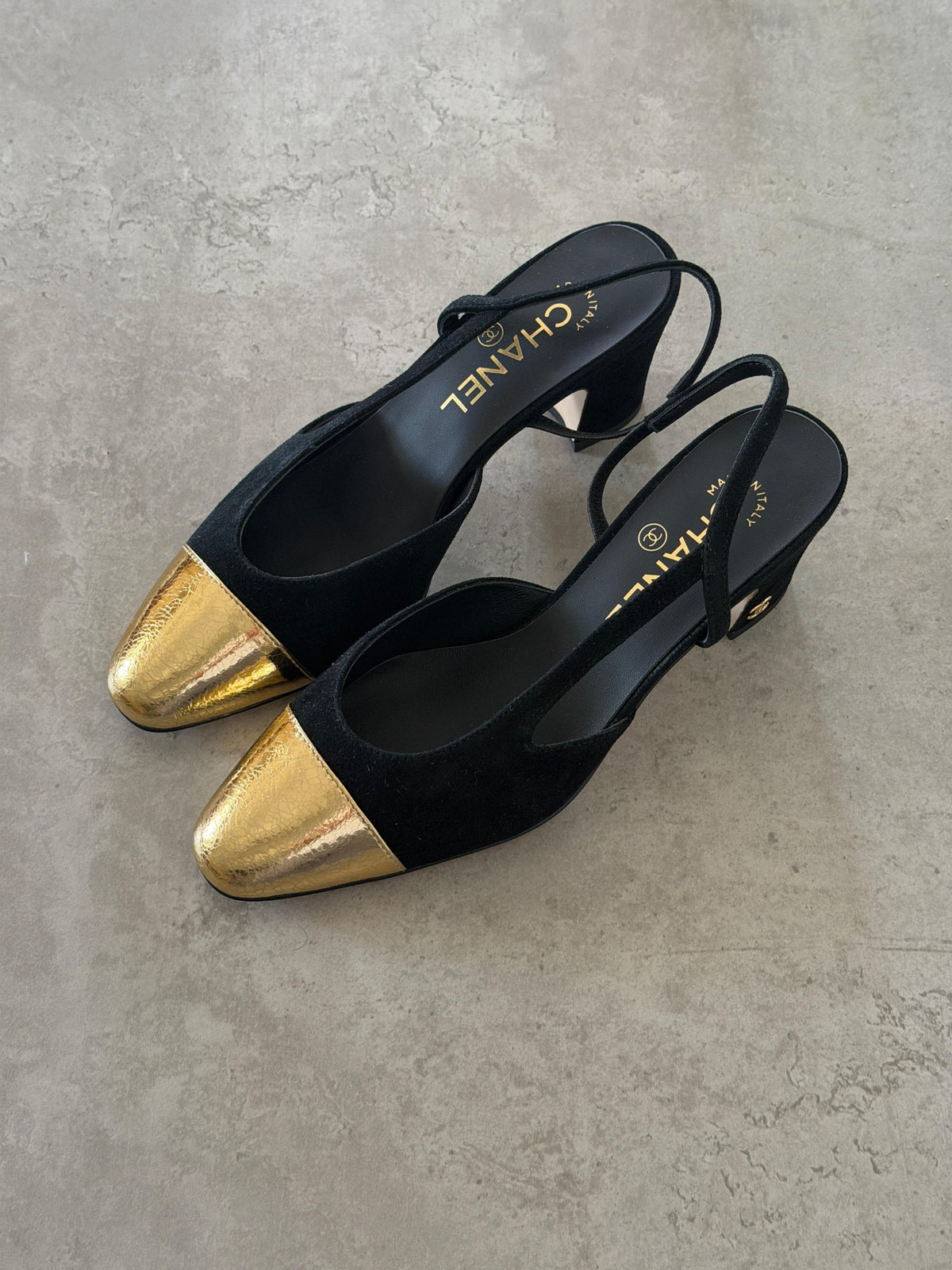 Chanel Black & Gold Cap-Toe Slingback Block Heel Pumps
