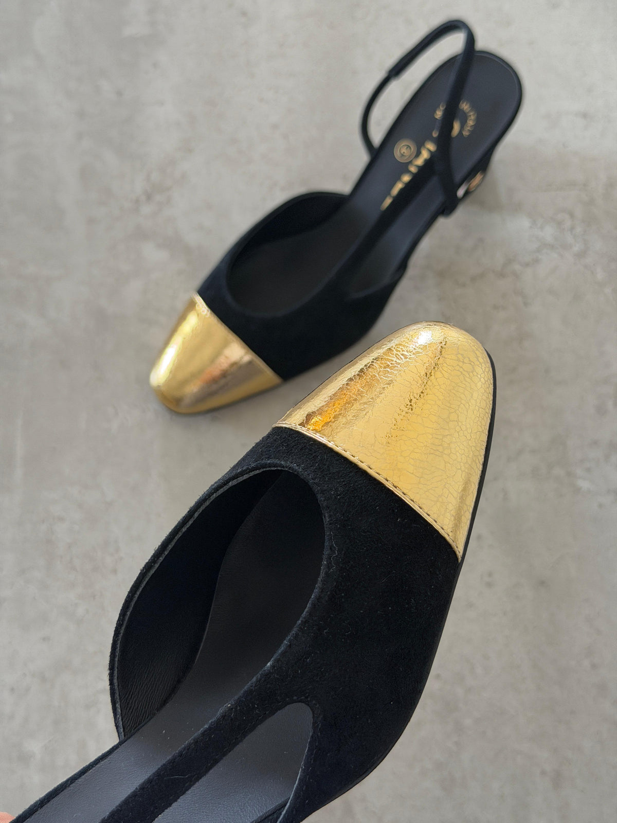 Chanel Black & Gold Cap-Toe Slingback Block Heel Pumps