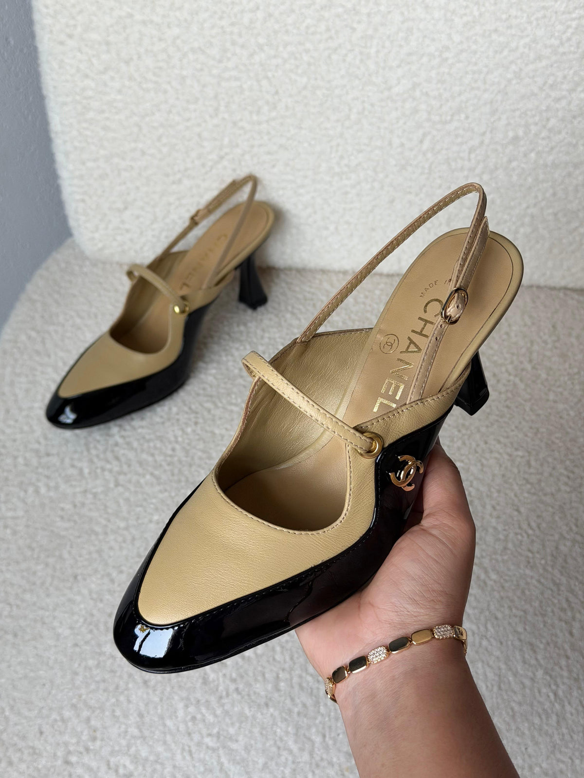 Chanel Two-Tone Patent and Leather Slingback Heels with T-Strap and CC Logo