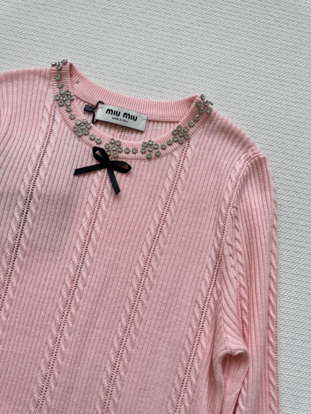 Miu Miu Crystal-Embellished Bow Cable-Knit Sweater