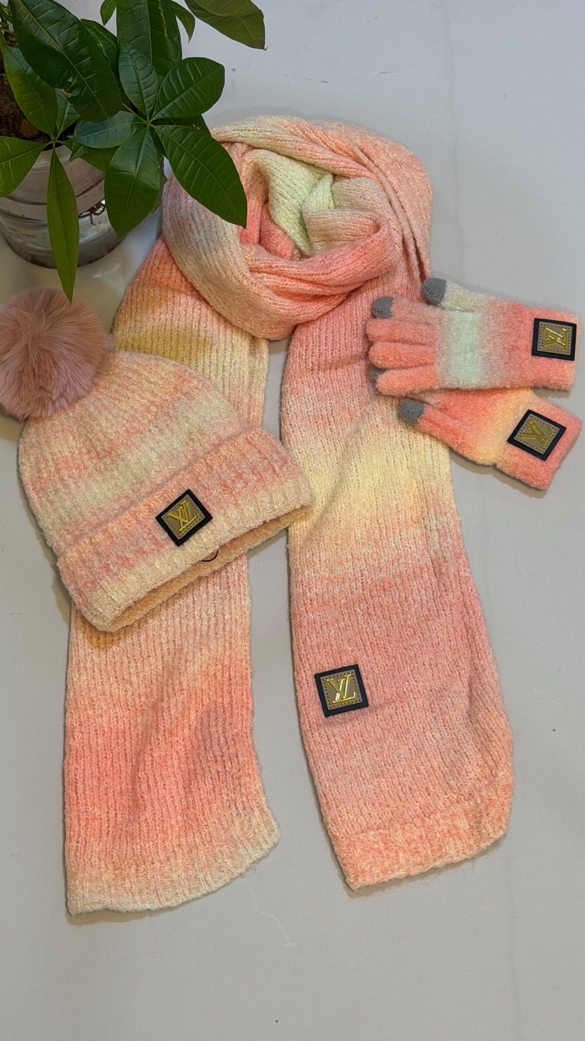 Louis Vuitton Gradient Pom Pom Scarf Beanie & Gloves Set