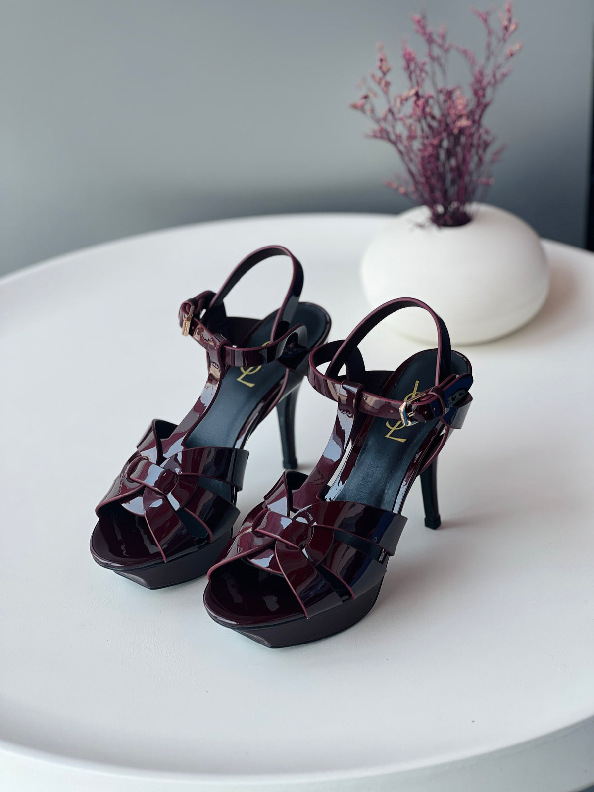 Saint Laurent Burgundy Patent Platform Sandals
