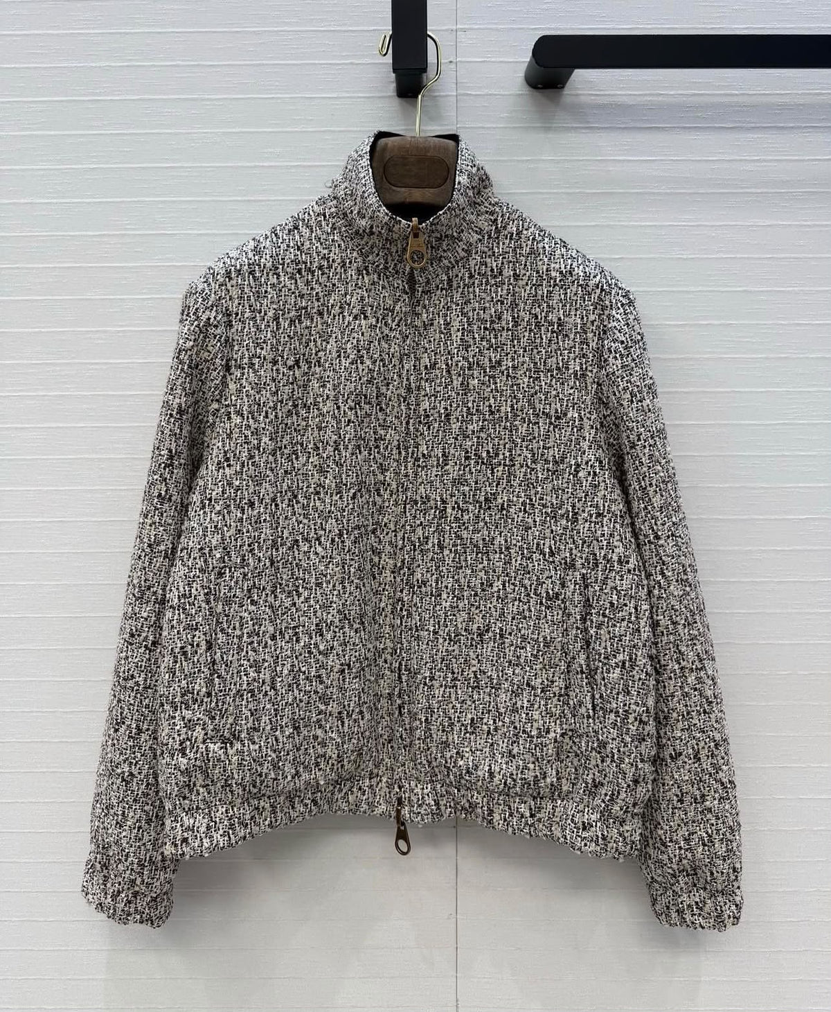 Loro Piana Bouclé Tweed Zip-Up High-Neck Bomber Jacket
