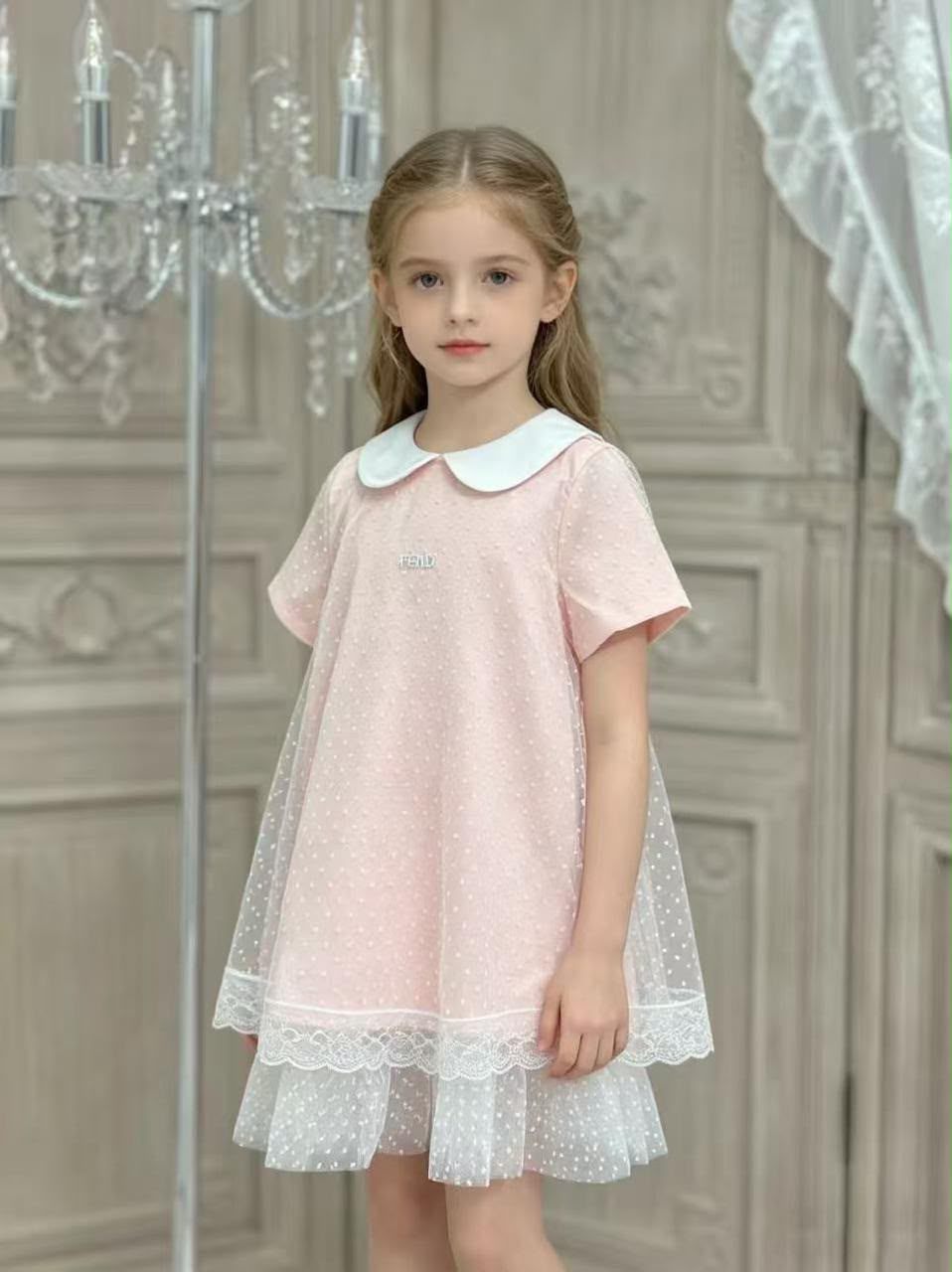 Fendi Kids Pink Dotted Tulle Collar Dress