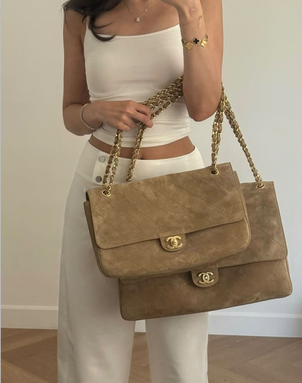 Chanel Suede Classic Flap Bag with Gold-Tone Hardware & Chain Strap