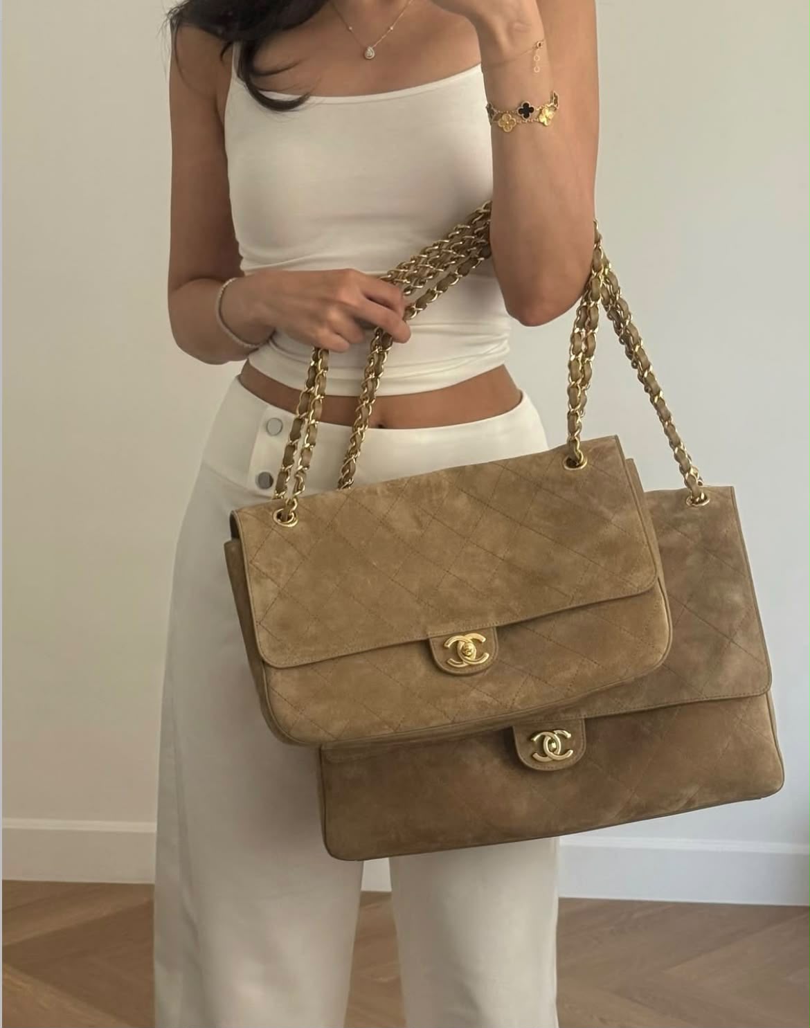 Chanel Suede Classic Flap Bag with Gold-Tone Hardware & Chain Strap