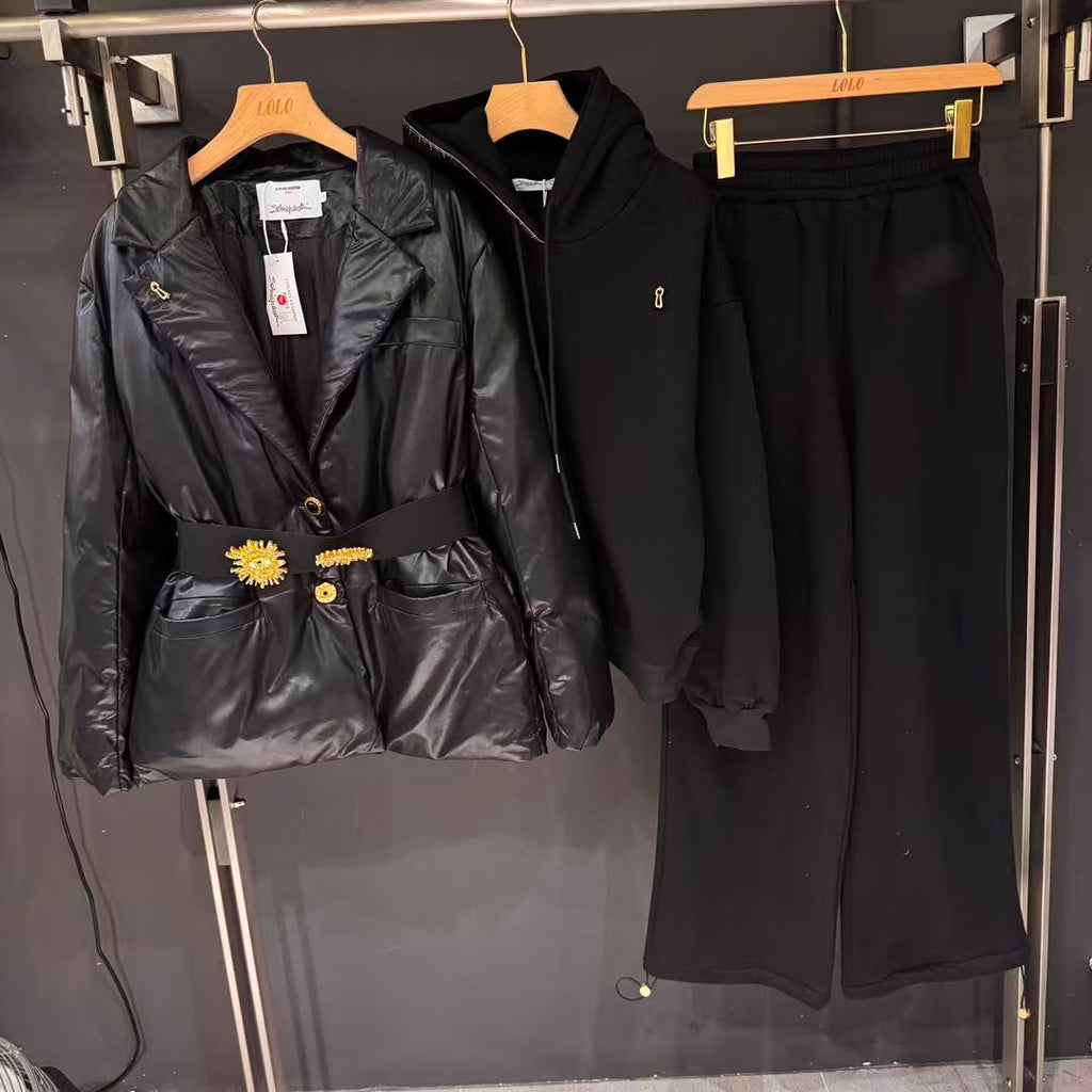 Schiaparelli Belted Leather Puffer Jacket with Hardware Detail