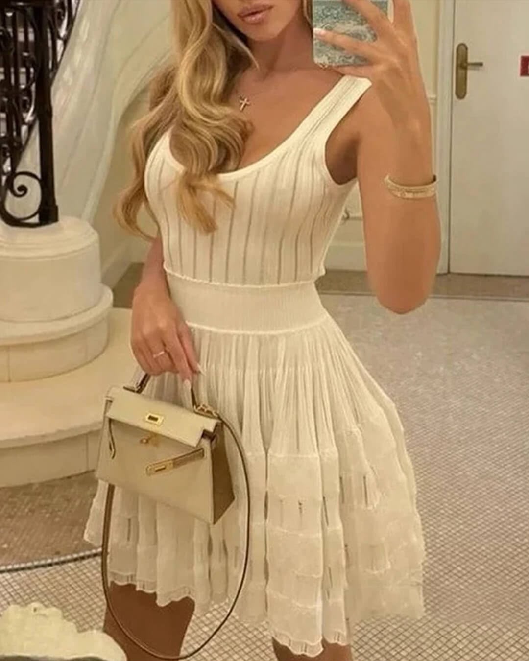 Alaïa White Summer Dress with Pearl Necklace